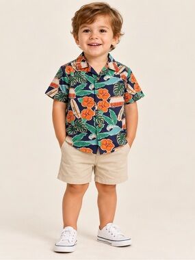 M&S Boys Tropical Hawaiian Surf Print Short Sleeve Shirt 2-3Y 100% Cotton